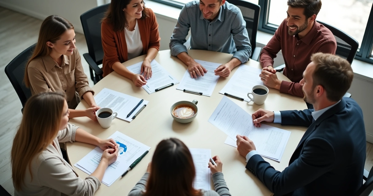 Equipe de trabalho reunida em círculo, mostrando envolvimento e equilíbrio entre diferentes perfis