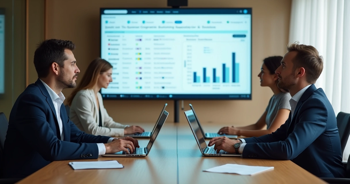 Equipe em mesa de reunião analisando segmentação de leads e marcadores digitais 