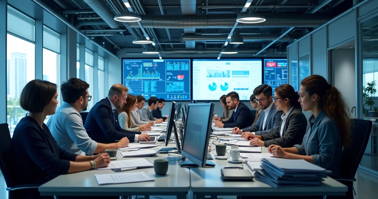 Equipe de escritório contábil analisando grandes volumes de documentos 
