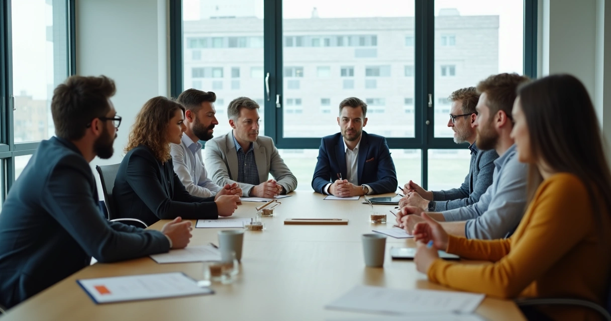 Grupo em uma sala, ouvindo atentamente a uma pessoa falando 