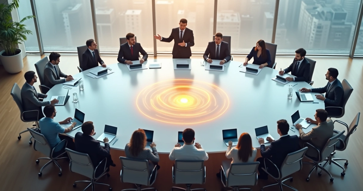 Equipe em escritório vista de cima com diferentes auras de cores ao redor de cada pessoa 