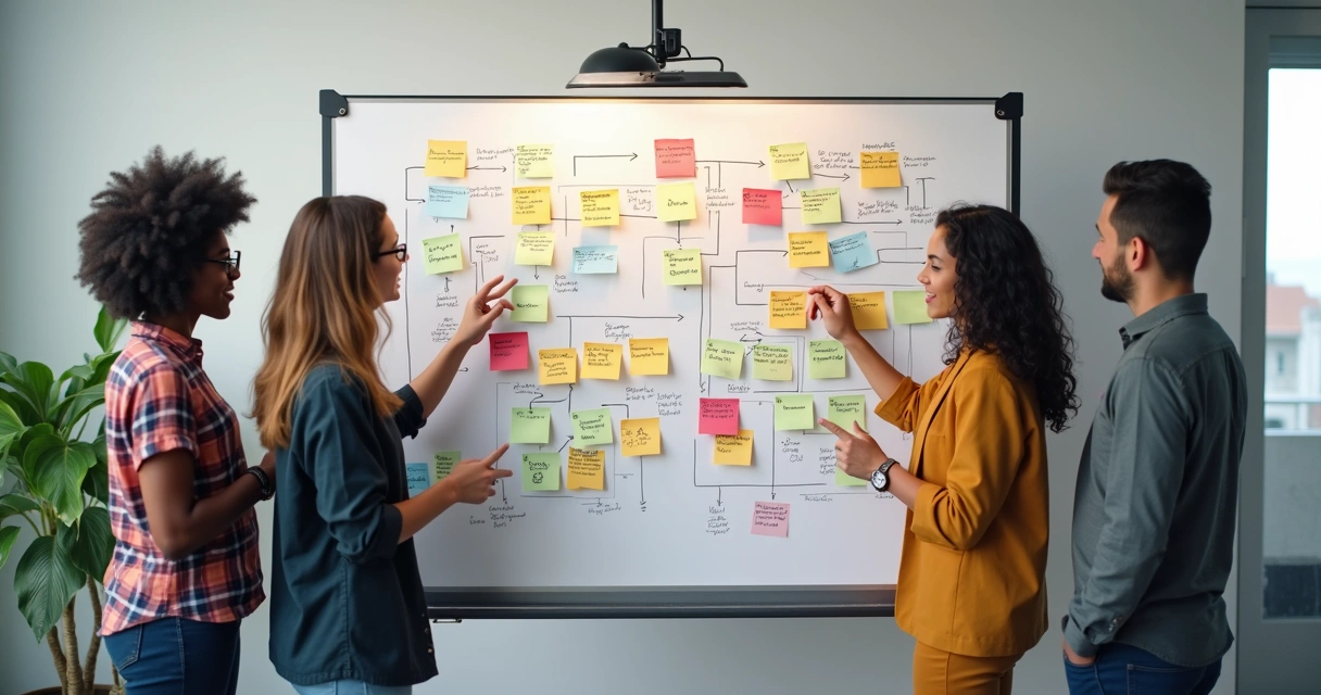 Equipe reunida analisando estratégia de anúncios no quadro branco 