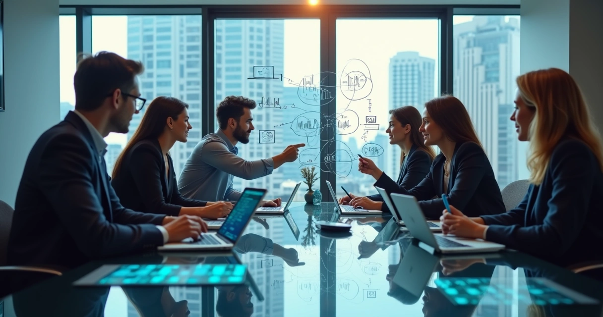 Equipe de negócios planejando estratégia integrada em sala moderna com diversos dispositivos digitais 