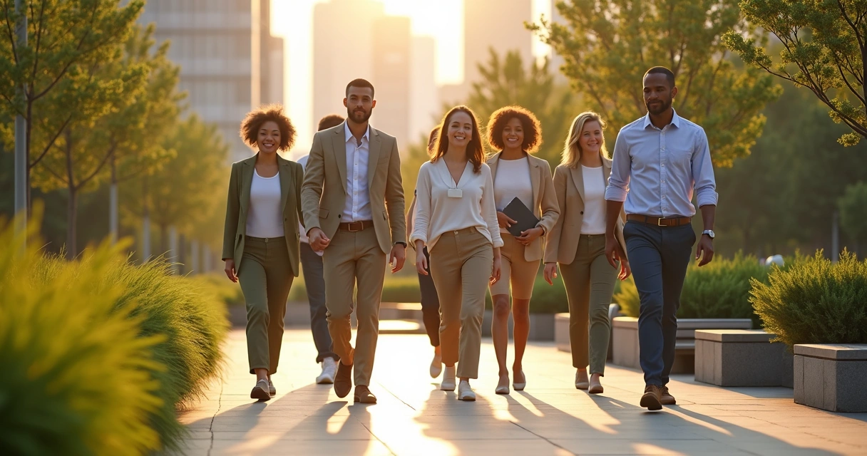 Equipe diversa caminhando em parque corporativo com luz suave e expressão tranquila 
