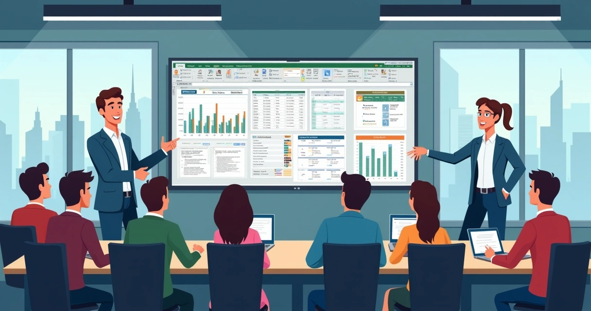 Equipe reunida em sala de treinamento ao vivo aplicando cases de Excel avançado. 