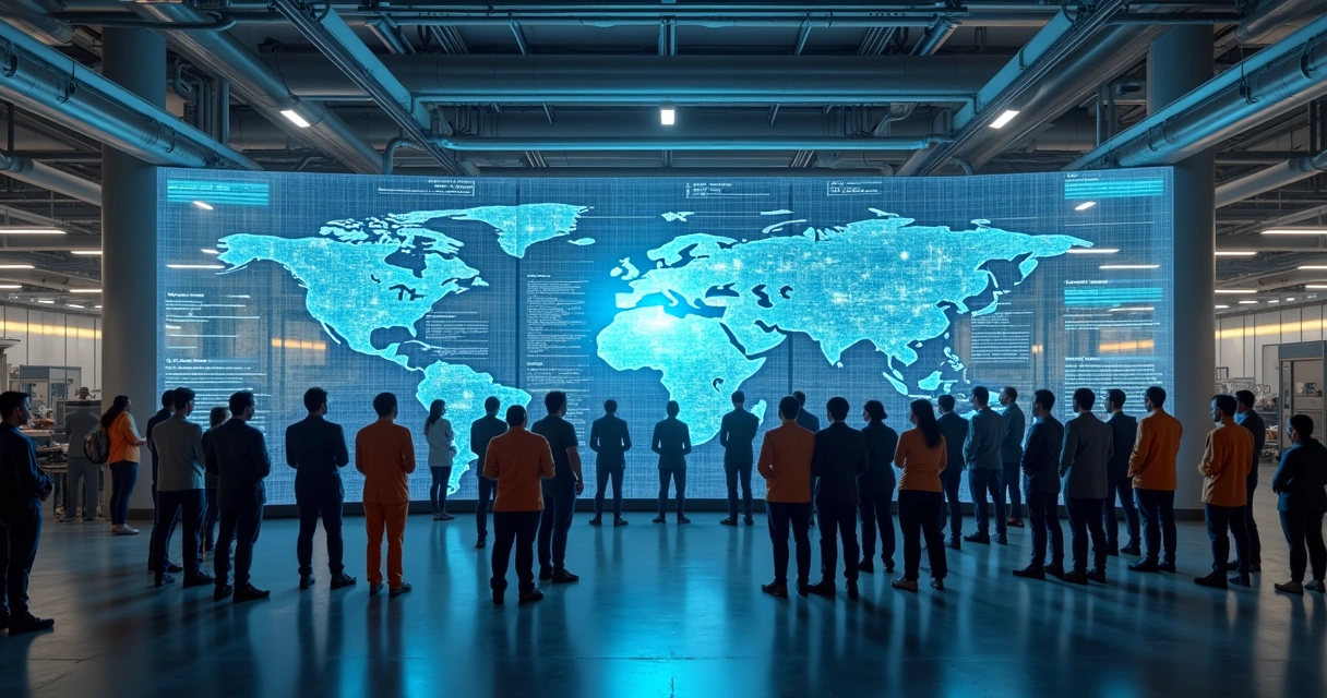 Equipe de fábrica diante de telas digitais conectadas 