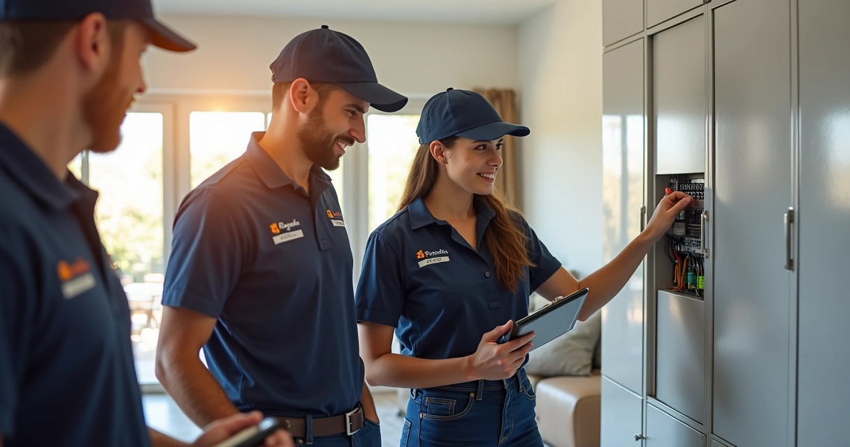 Equipe técnica com ferramentas durante visita solar residencial 