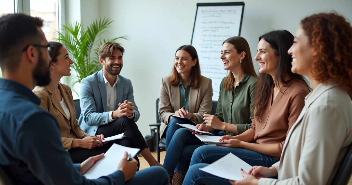 Equipe reunida em círculo praticando feedback construtivo 