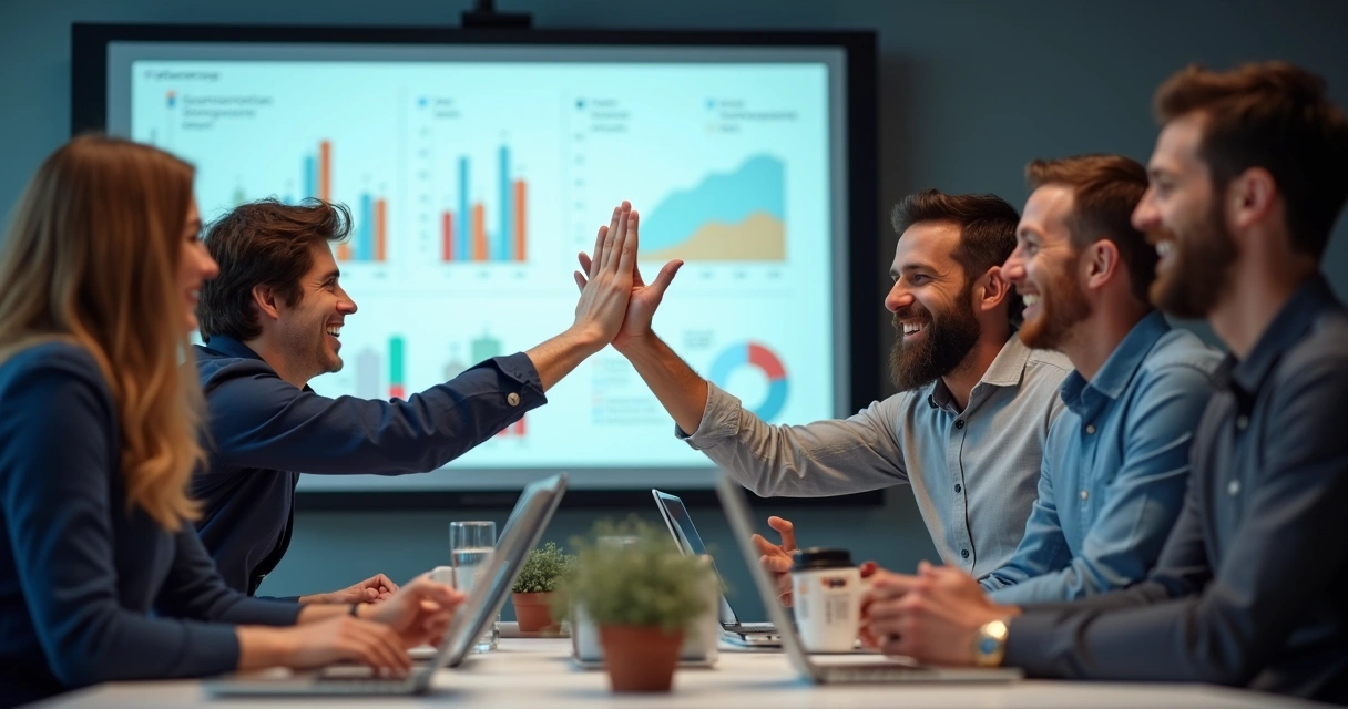 Equipe de software comemorando apresentação de resultados 