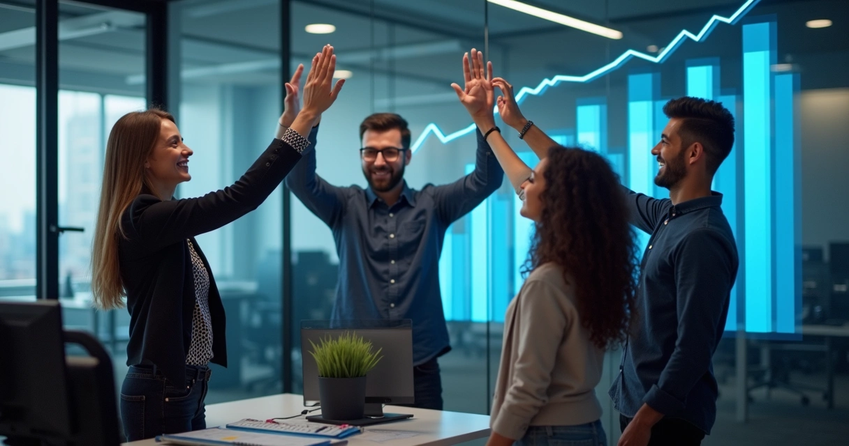 Equipe de negócios comemorando meta alcançada com gráficos na tela ao fundo 