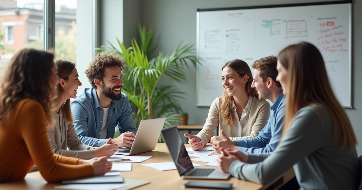 Equipe de trabalho sorrindo reunida em uma sala de reuniões. 
