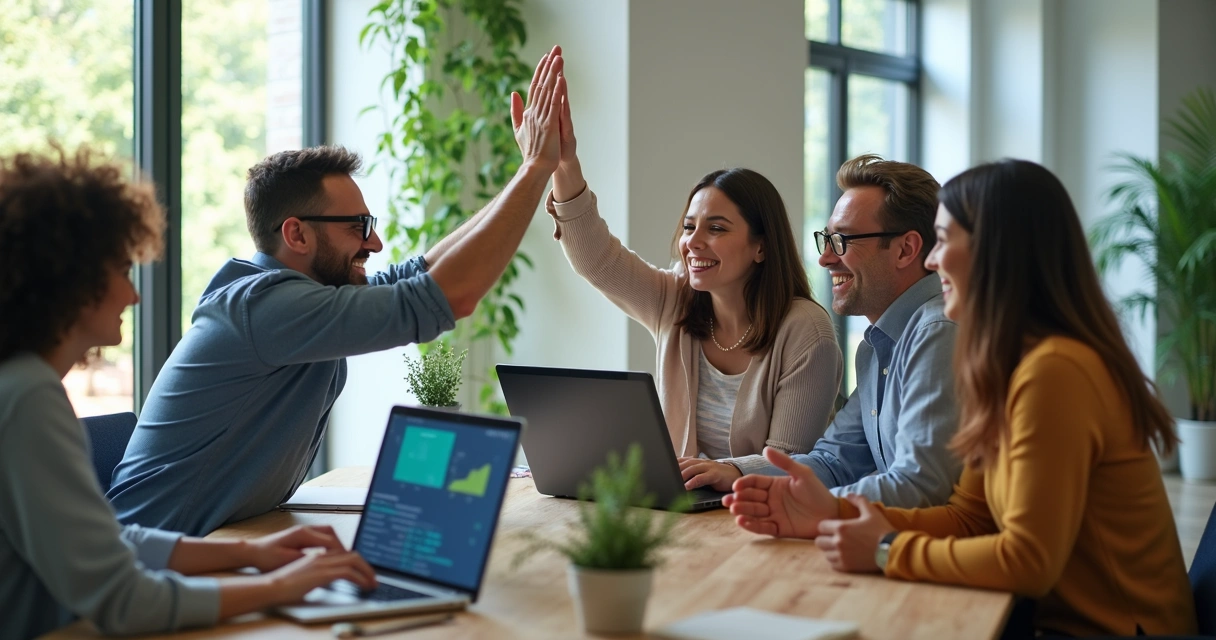 Equipe feliz celebrando após bons feedbacks de desempenho 
