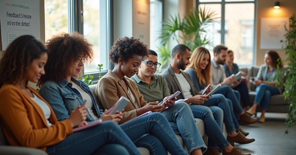 Equipe de trabalho respondendo pesquisa de feedback com expressão leve