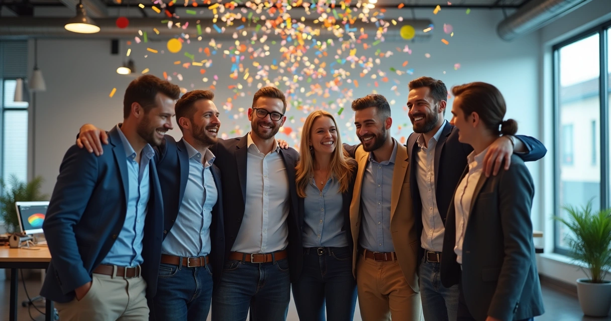 Equipe feliz reunida comemorando sucesso no trabalho 