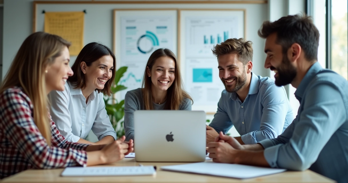 Equipe reunida celebrando após treinamento corporativo 