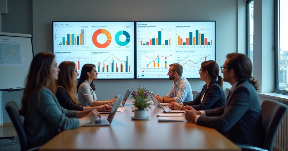 Equipe financeira reunida em frente a dashboards Power BI 