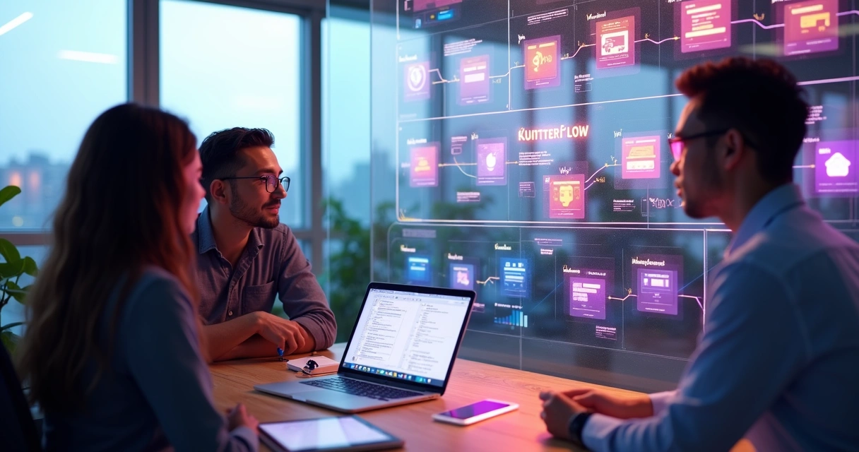 Equipe colaborando em quadro digital com fluxos de versões de app 
