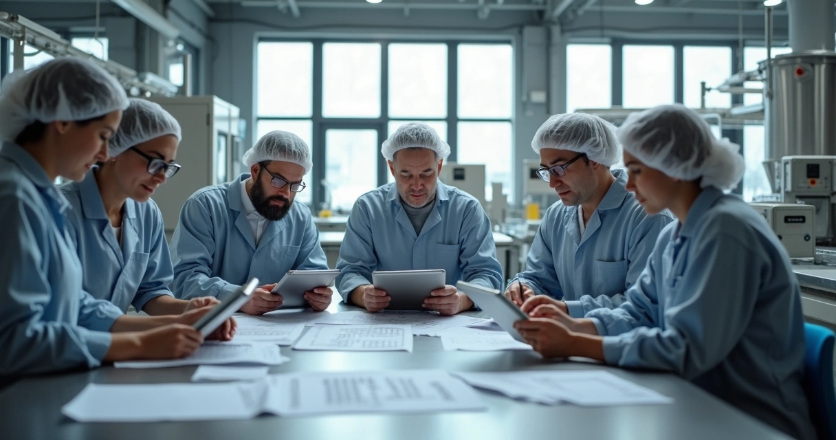 Time de funcionários analisando medidas de segurança em gráfica alimentar