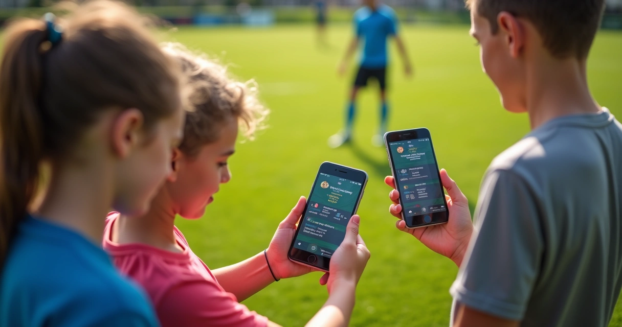 Grupo de alunos de futebol acompanhando treino pelo celular 