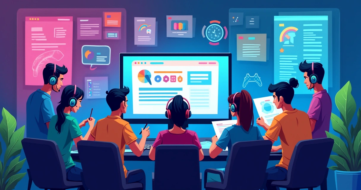 Equipe gamer criando site no computador com elementos visuais de games 