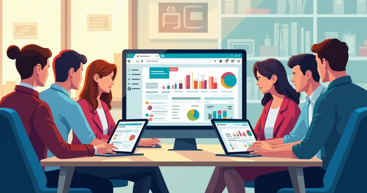 Equipe de atacado acessando um catálogo digital em tablets integrados ao ERP