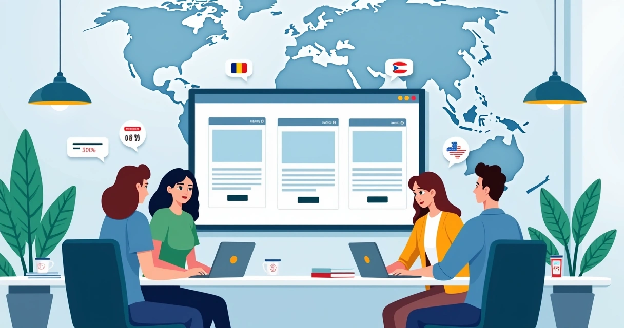 Equipe analisando landing pages globais em vários idiomas 