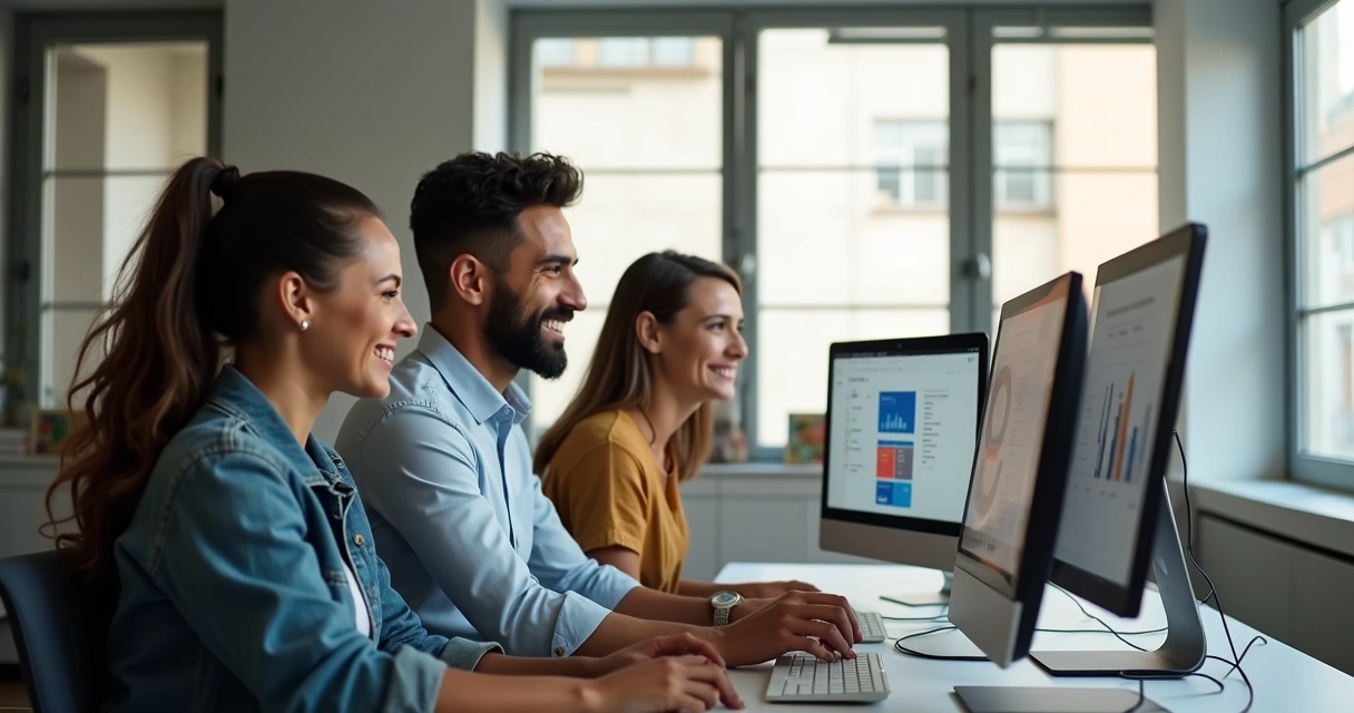 Equipe de consultores GOODDS atendendo lojistas online, ambiente moderno.