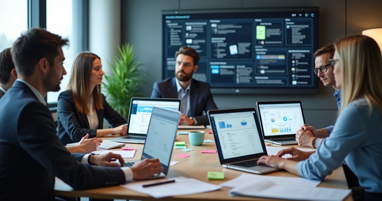 Equipe corporativa implementando governança e catálogo de dados 