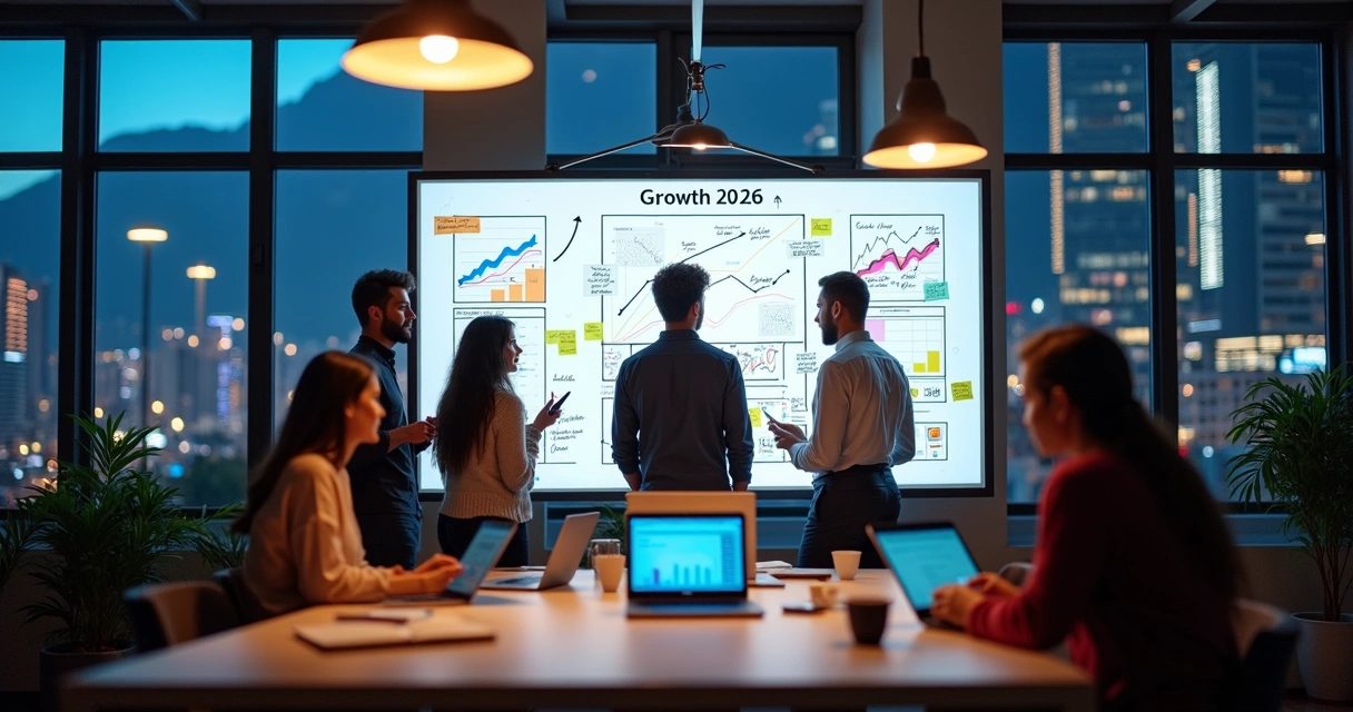 Time de startup colaborando sobre quadro com funil de growth hacking 