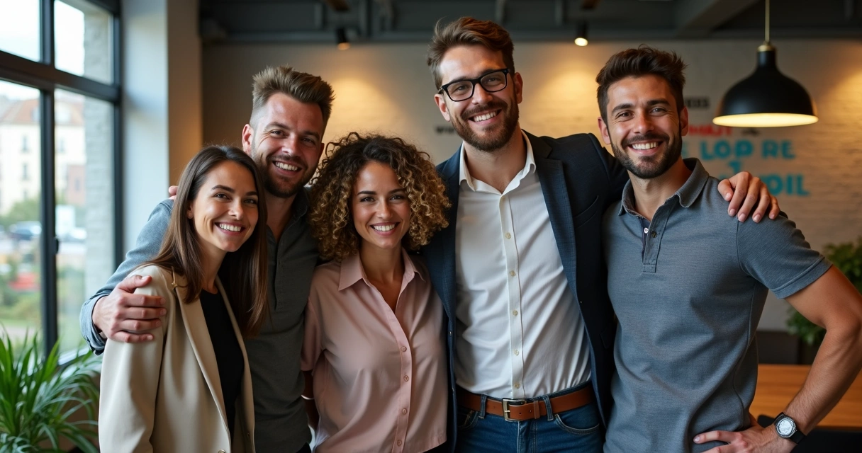 Equipe do Grupo Inovvatur sorridente posando em escritório moderno de turismo. 