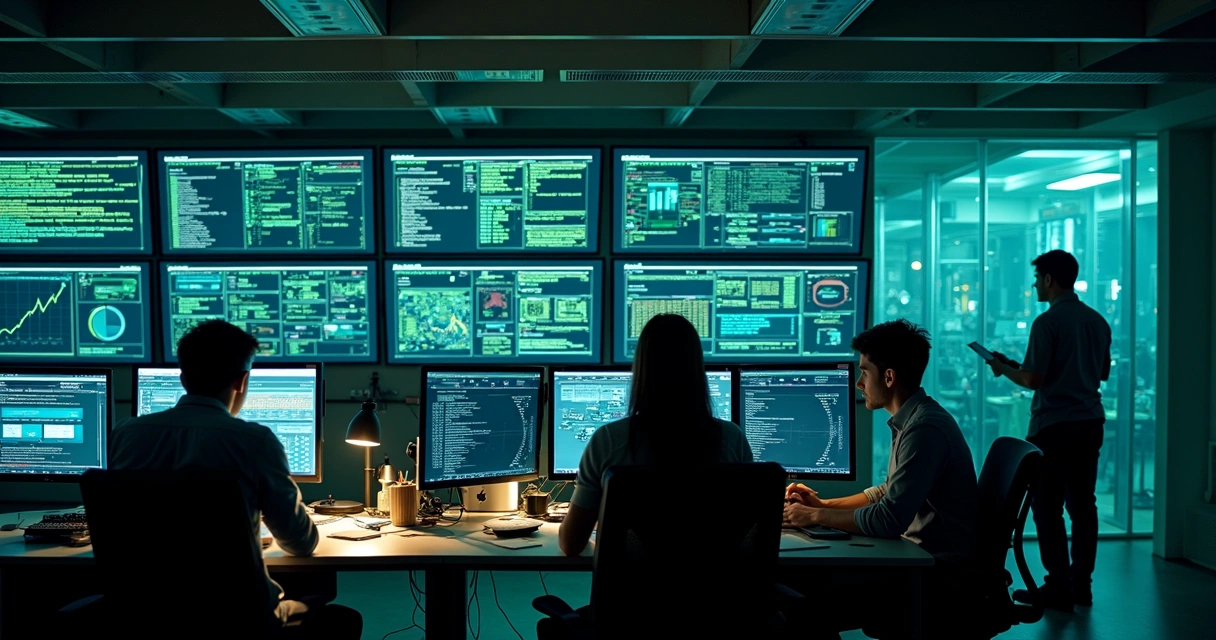 Sala de tecnologia com painel caótico e uma pessoa discretamente resolvendo tudo ao fundo 