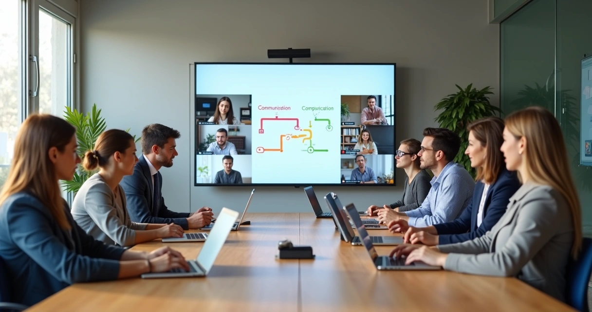 Reunião híbrida com equipe colaborando em mesa e por videochamada 