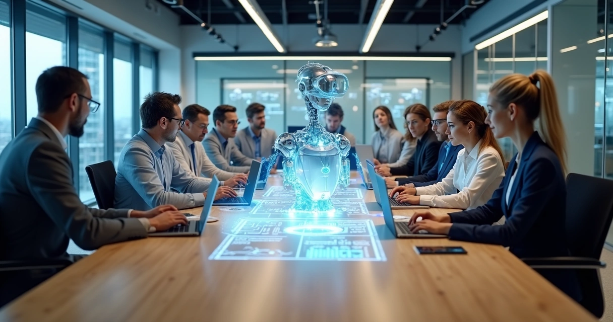 Equipe híbrida com humanos e inteligências artificiais colaborando em um escritório moderno 