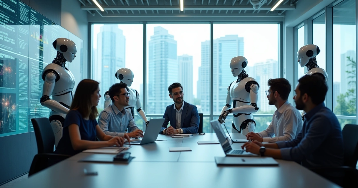 Equipe mista de pessoas e robôs trabalhando em um escritório moderno 