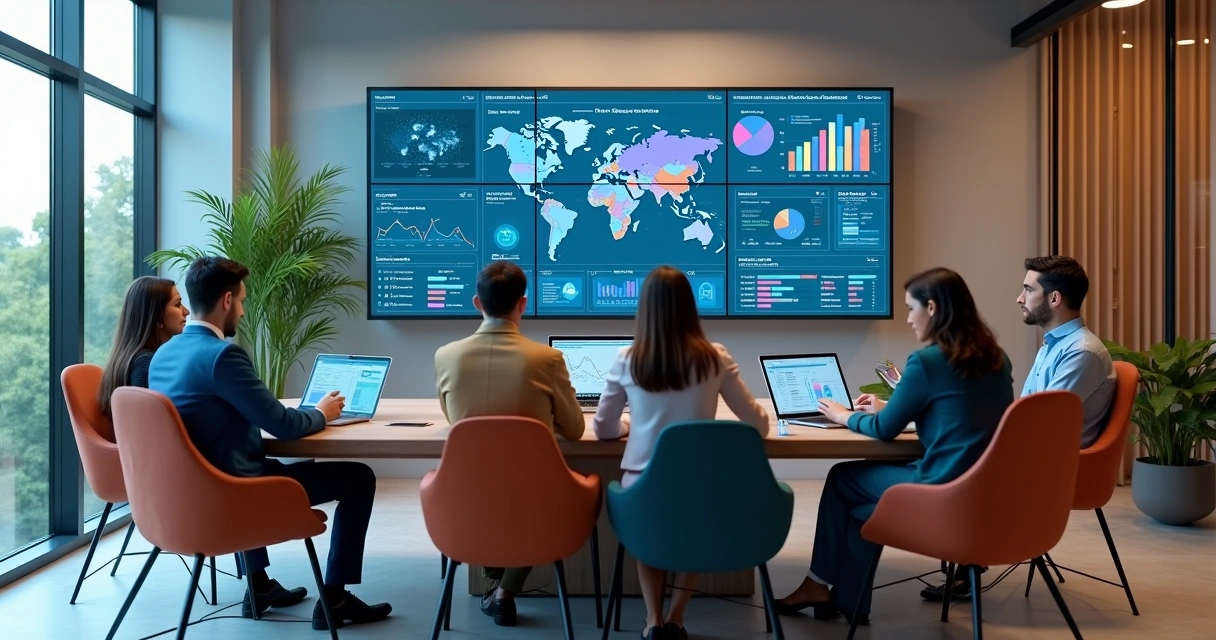 Grupo diverso de profissionais em ambiente de trabalho híbrido com laptops e telas mostrando mapas de competências e análise de dados 