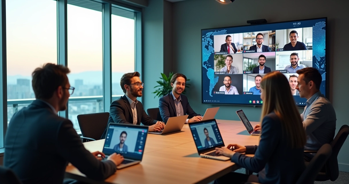 Reunião online com time híbrido conectado em tela gigante em sala moderna 