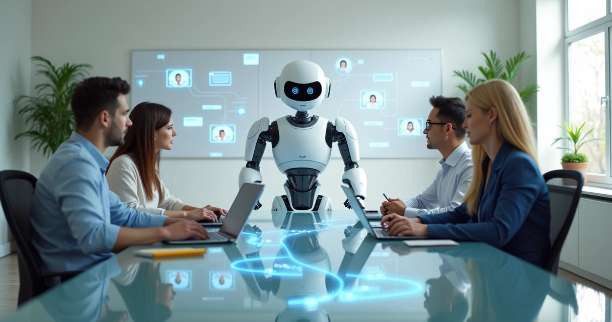 Equipe de suporte humano e chatbot representados como ponte colaborativa. 