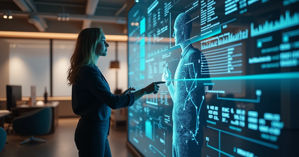 Pessoa e assistente virtual colaborando em tarefas no escritório 