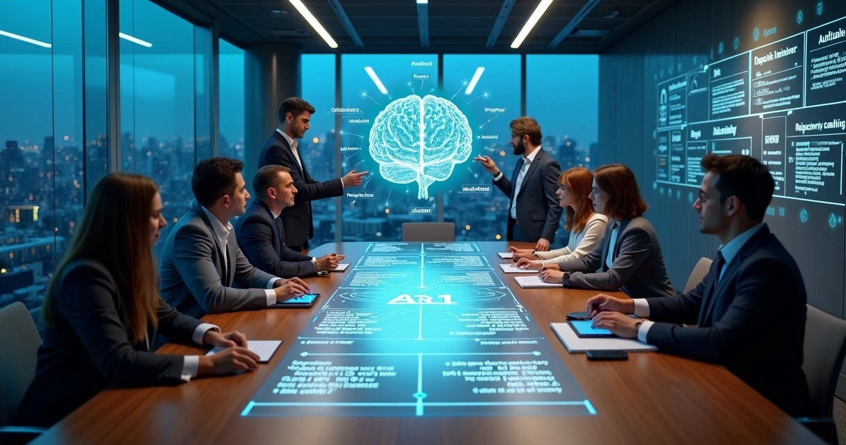 Equipe multidisciplinar planejando projeto de IA em sala de reunião tecnológica 