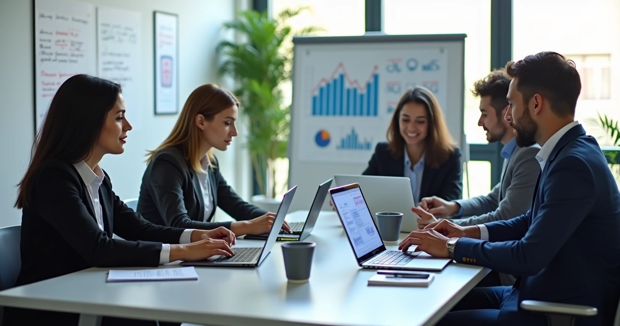 Equipe de profissionais reunidos ao redor de mesa com laptops e gráficos de dados, colaborando para montar time de IA 