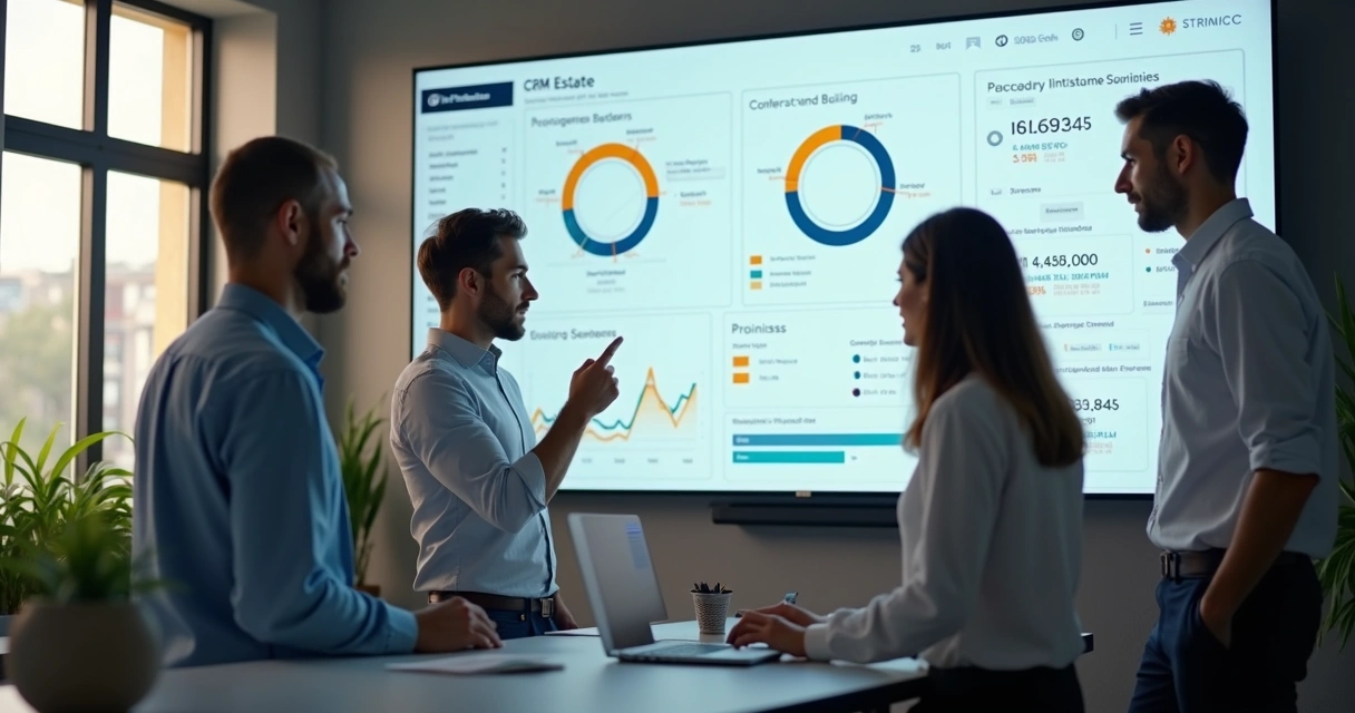 Equipe de imobiliária reunida analisando indicadores em um monitor de CRM 