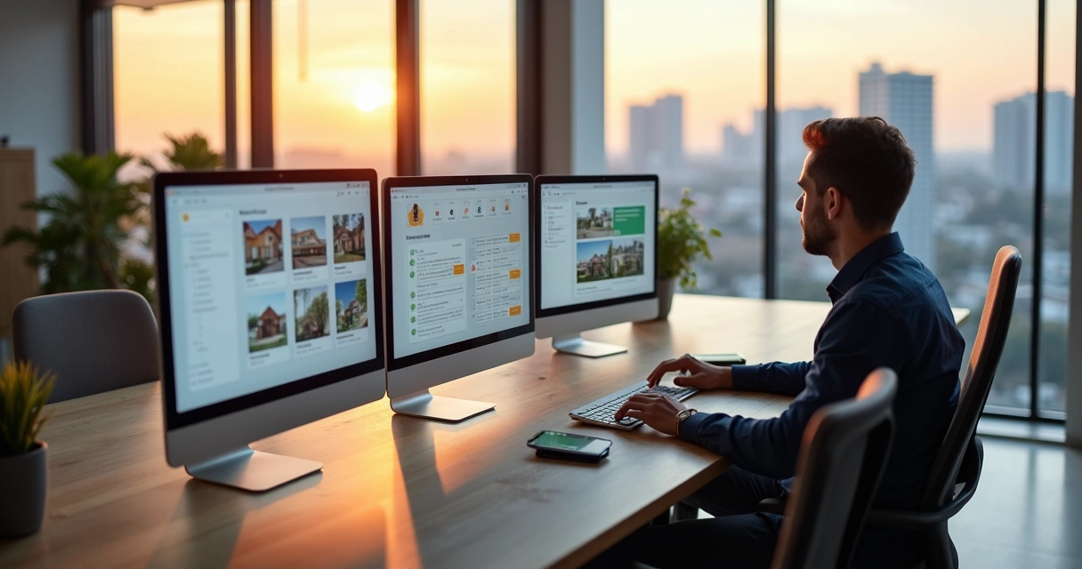 Equipe de imobiliária observando telas digitais com imóveis e fluxo de vendas 
