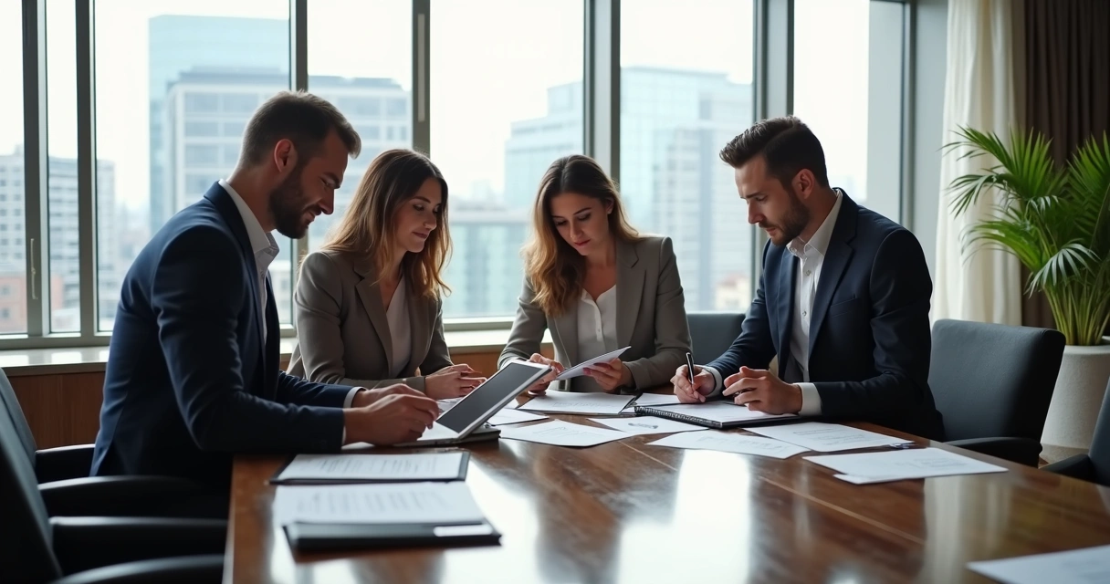 Equipe imobiliária de alto padrão reunida em sala moderna 