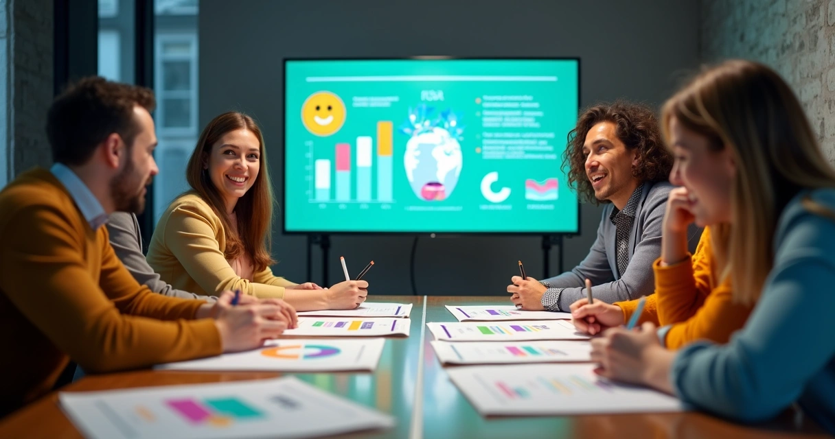 Equipe analisando resultados de impacto e bem-estar 