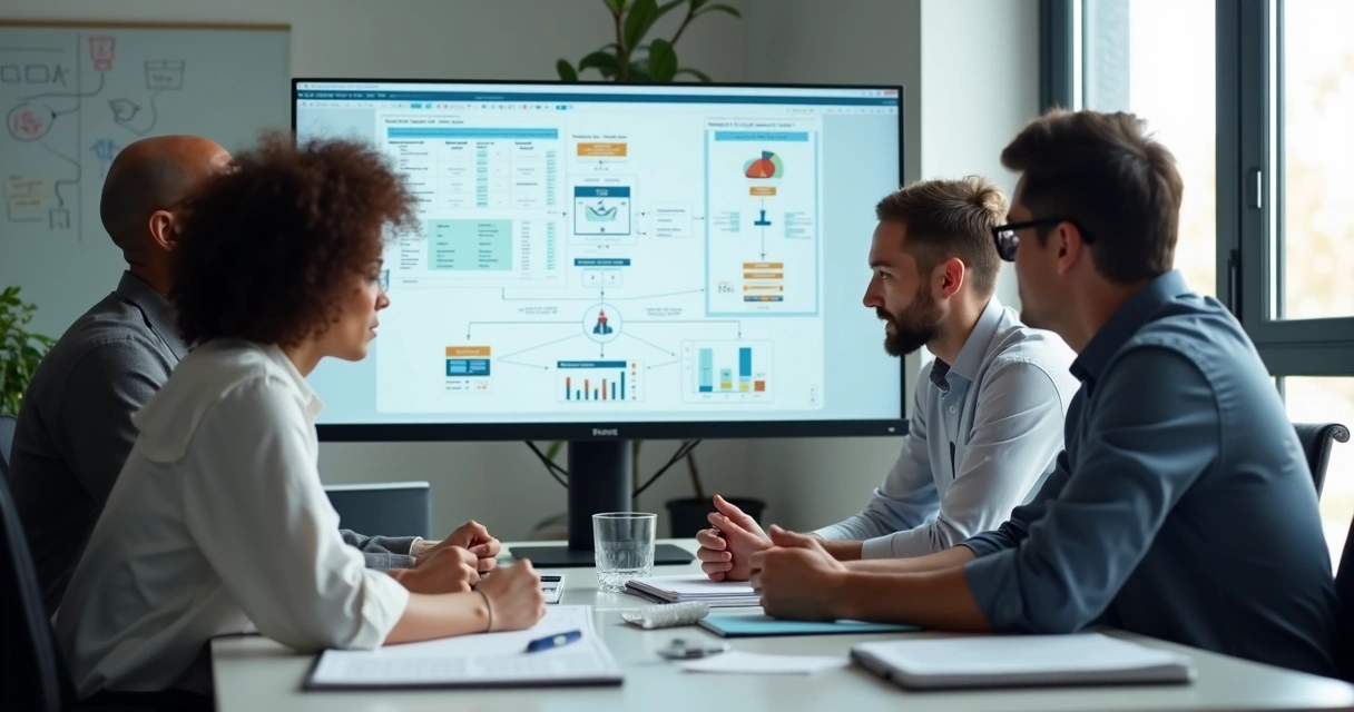 Equipe reunida, computador mostrando integração de CRM e financeiro. 