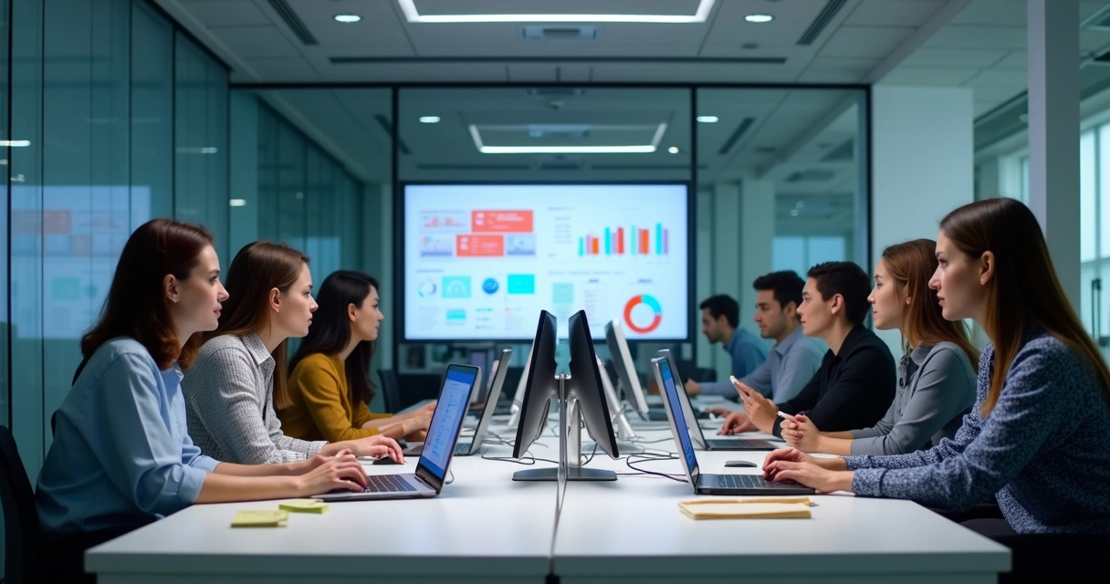 Equipe de TI configurando software em escritório moderno. 