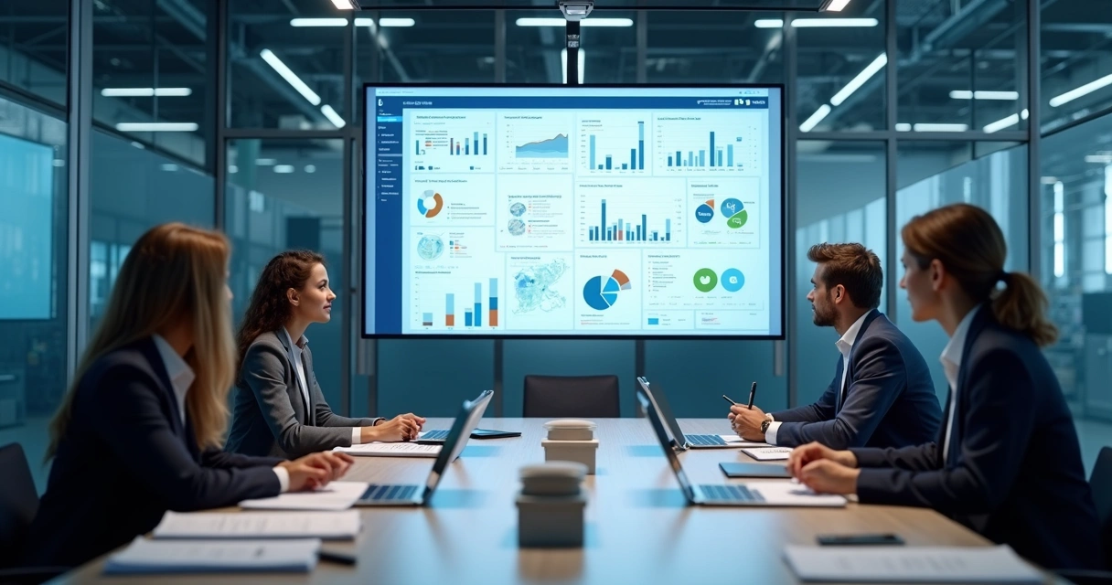 Equipe industrial discutindo dados comerciais e presença digital