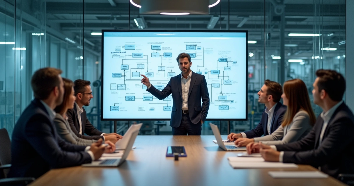 Time industrial em reunião para análise de falhas 