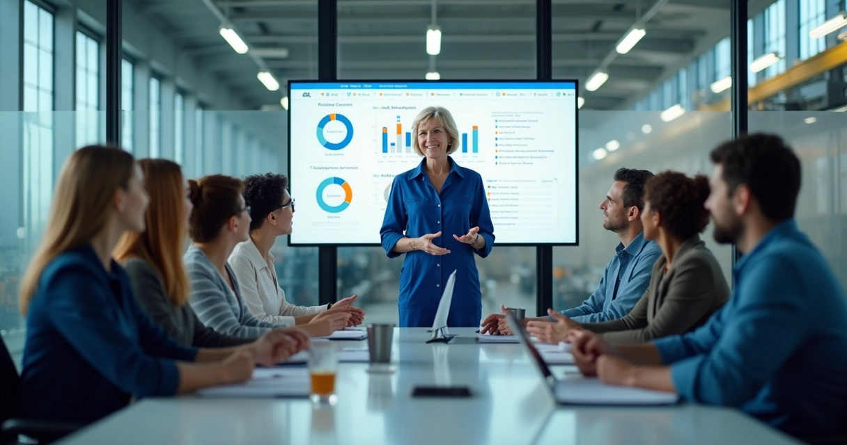 Equipe industrial reunida em sala para reunião de feedback com líder 