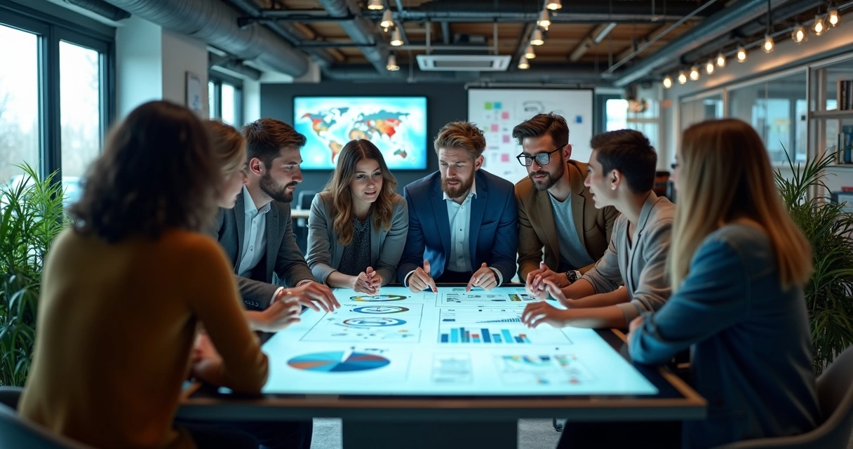 Equipe colaborando em um ambiente inovador com telas digitais 